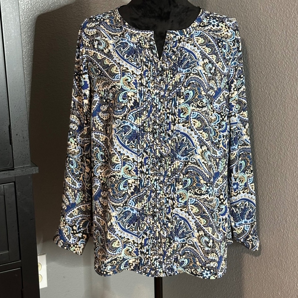 Talbots Paisley Pintuck Blouse Blue Boho Relaxed Fit‎ 46" Chest Petite XL Artsy